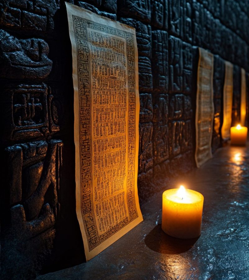 A dark, candlelit room with ancient scrolls, giving a mystical and reflective atmosphere